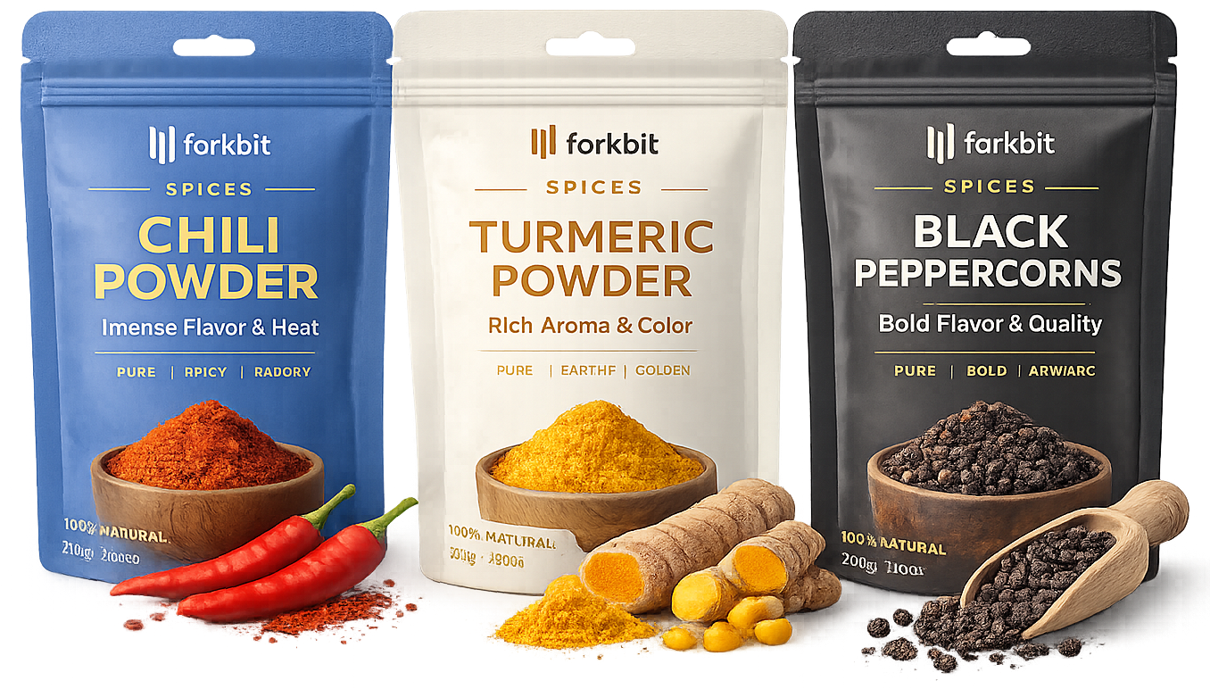 Spice pouches with bowls of spices